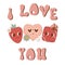 Pink groovy Happy Valentines Day retro lettering element with cute retro strawberry, heart, gift. Cute 14 February