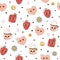 Pink groovy romantic seamless pattern. Vector 1970 retro cute characters with eyes, heart, strawberry, cup