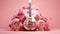 A pink guitar on a pink background, surrounded by flowers and abstract objects