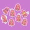 Pink haired girl emotions stickers. Vector illustration.