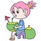 Pink haired girl sits drinking young coconut on a hot day, doodle icon image kawaii