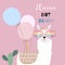 Pink hand drawn cute card with llama,heart glasses,balloon and c