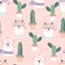 Pink hand drawn cute seamless pattern with llama,heart glasses,cactus in summer