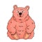 Pink happy bear grizzly sits and holds his paws. White heart glasses for Valentines Day Party are on his face. Isolated animal is