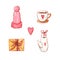 Pink hat, coffee cup with heart, teapot and letter