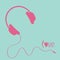 Pink headphones with cord . Blue background. Love card.