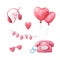 Pink headphones, heart shaped balloons and phone