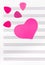 Pink heart and guitar picks on empty sheet music paper