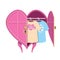 Pink heart-shaped clothes closet with an open door, inside there are two shirts with the message: Feliz San Valentin