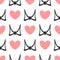 Pink hearts and black bows on white background. Colourl seamless pattern.