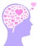 Pink hearts in brain and purple head silhouette