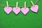 Pink hearts that are clamping the wood clamp. Hanging on to the grass