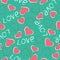 pink hearts of different shapes, gray word love, gray outline of a heart on a mint background. valentine