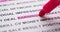 Pink highlighter pen marks word earnings. Macro shot, selective focus