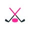 Pink hockey puck and two crossed sticks. Logo and icon. Vector drawing on white background.