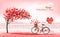 A Pink Holiday Valentine`s Day background. Tree with heart-shaped leaves and bike