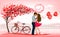 Pink Holiday Valentine`s Day background. Tree with heart-shaped leaves and couple