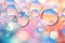 Pink holographic bubbles floating on the soft colorful abstract background in beautiful vivid tones.