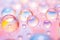 Pink holographic bubbles floating on the soft colorful abstract background in beautiful vivid tones. Generated AI.