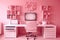 Pink home office desk with shelves