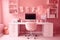 Pink home office desk with shelves