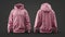 Pink hoodie, front and back view on black background