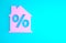 Pink House with percant discount tag icon isolated on blue background. Real estate home. Credit percentage symbol