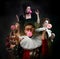 Pink and huge bubble. Collage of funny people in image of medieval royal persons having fun isolated on dark background