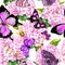 Pink hydrangea flowers, butterflies, bees. Seamless floral pattern. Watercolor.