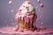 Pink ice cream in waffle cone with splashes and drops on violet background, A lone penguin on a melting ice floe representing