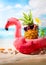 Pink inflatable flamingo and hipster pineapple in sunglasses..Summer pool float party idea. Summer creative concept