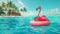 Pink inflatable flamingo with suitcase floating in turquoise water symbolized summer travel and holiday escape