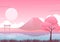 Pink japanese landscape vector illustration with fuji mountain, cherry blossom, lake and japanese gate