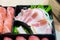 Pink kamaboko sliced, japanese fish cake, pork belly sliced and