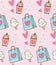 Pink kawaii background with gift bag and cotton candy