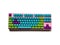 Pink keyboard with bright blue purple green key  unicorn color theme style on white background.