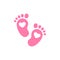 Pink kids or baby feet and foot steps with heart. New born, pregnant or coming soon child footprints