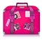 Pink ladys suitcase for travel with stickers.