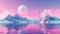 Pink landscape with moon over polygonal mountains. Calm surreal backround. Generated AI.