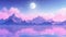 Pink landscape with moon over polygonal mountains. Calm surreal backround. Generated AI.