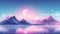 Pink landscape with moon over polygonal mountains. Calm surreal backround. Generated AI.