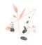 Pink leaf branch, triangle figure and pebble stones. Hand drawn illustration for wellness, spa and beauty salons