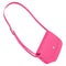 Pink leather handbag on a long strap with a buckle to wear on the shoulder.