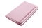 Pink leather notebook with elastic band closure on white.