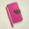 Pink leather phone case on weave background. Fashion mobile phone cover