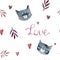 Pink leaves , word love, gray cute cats kiss, many little hearts,pattern