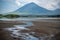 Pink lesser Flamingos at Lake Natron with Ol Doinyo Lengai volcano on background in Rift valley, Tanzania