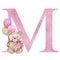 Pink letter M with watercolor teddy bear