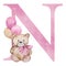 Pink letter N with watercolor teddy bear