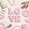 Pink letters LOVE, romantic motive, inspired by flat lay style, illustration